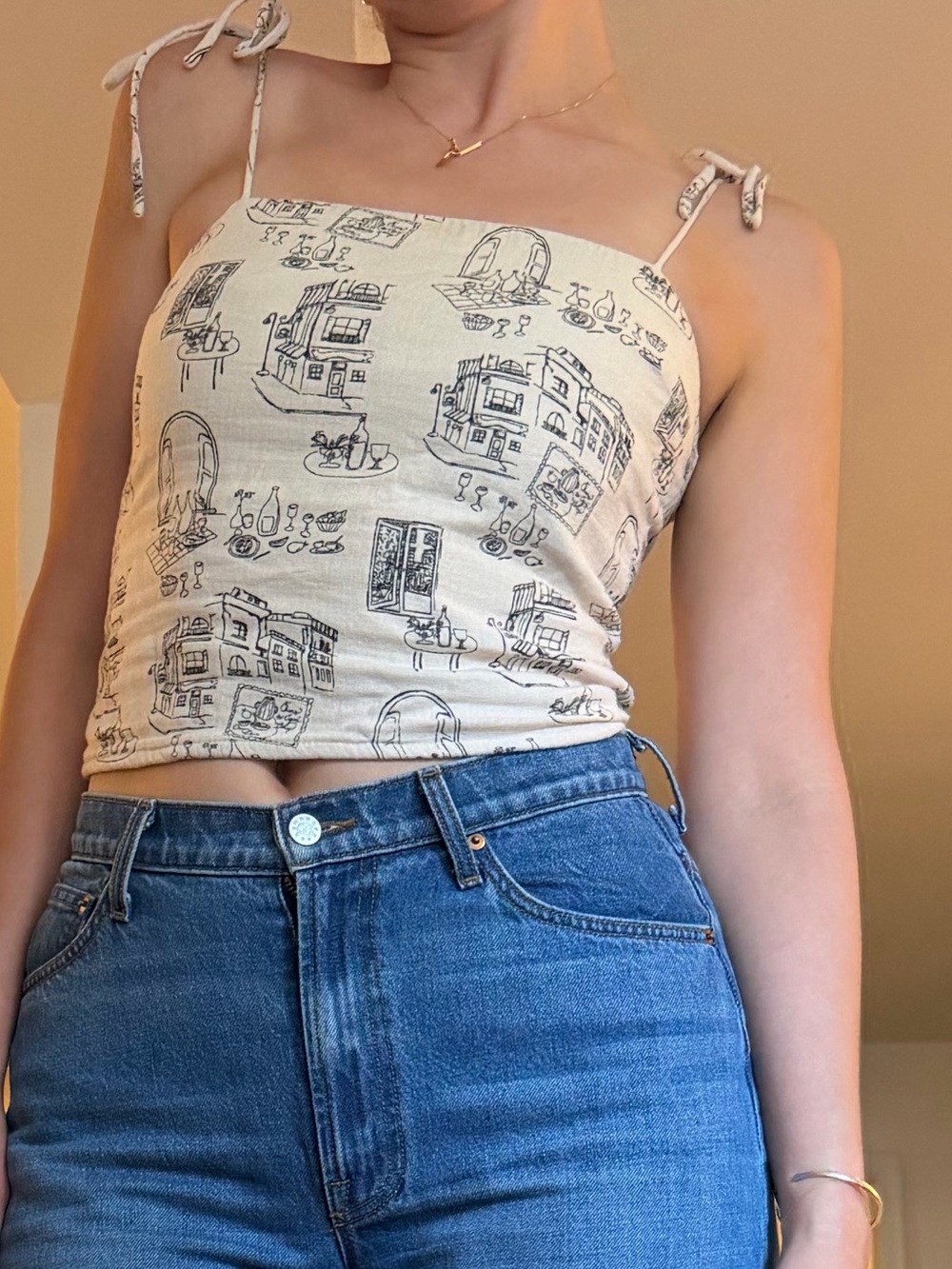 Abercrombie & Fitch Cream Top with Black Sketch Print